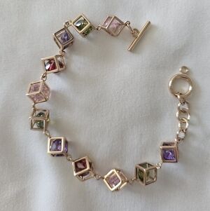 NEW Vibrant Gold Color,  Multicolor Cube Gemstone Beaded Crystal  Bracelet.